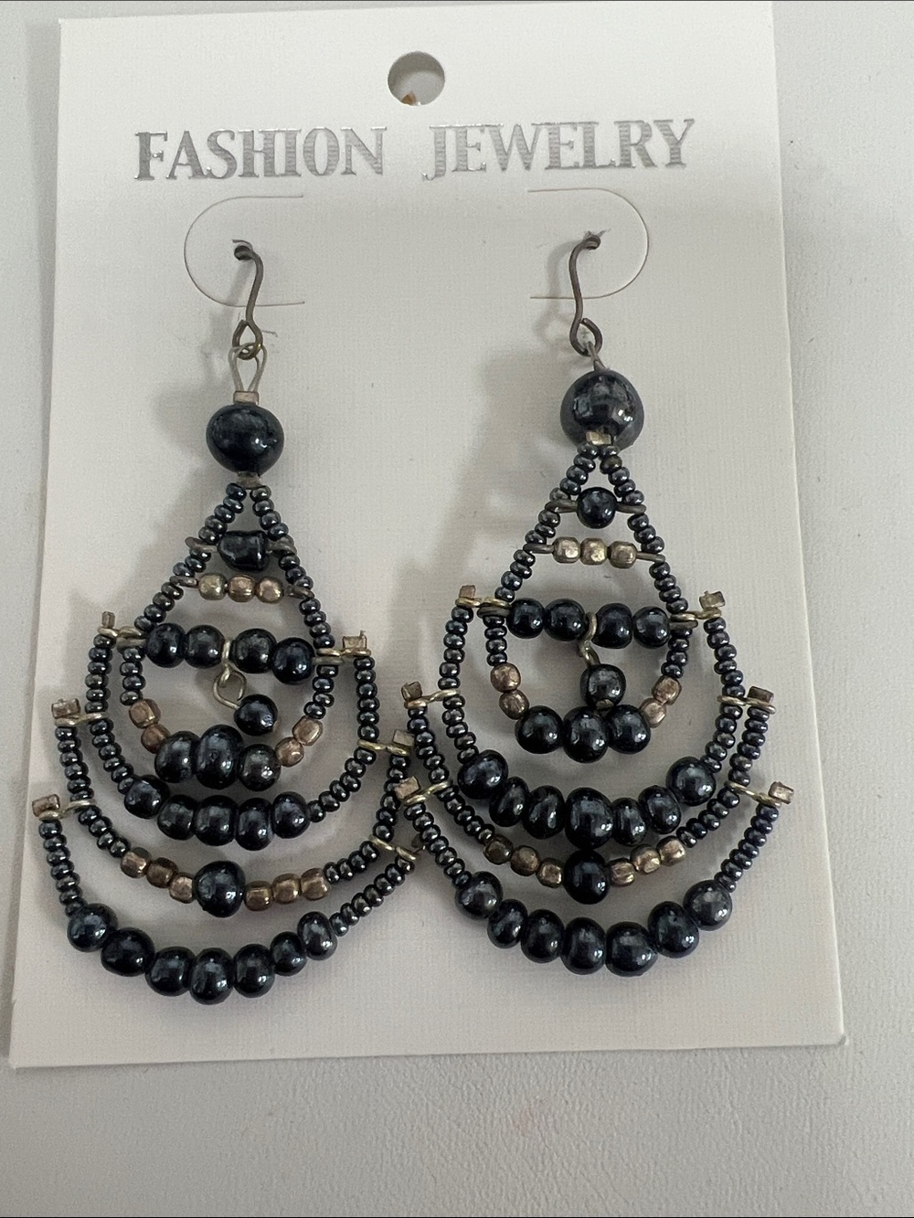 Fashion Jewelry Black and Gold Tiered Beaded Chandelier Earrings